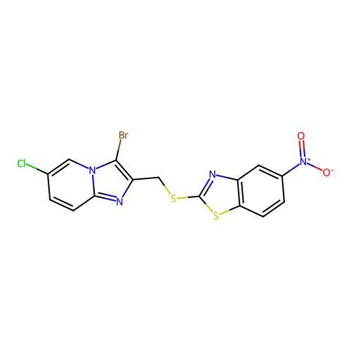 2-(((3-bromo-6-chloroimidazo[1,2-a]pyridin-2-yl)methyl)thio)-5-nitrobenzo[d]thiazole structure