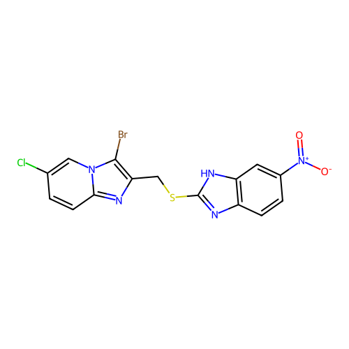 2-(((3-bromo-6-chloroimidazo[1,2-a]pyridin-2-yl)methyl)thio)-5-nitro-1H-benzo[d]imidazole structure