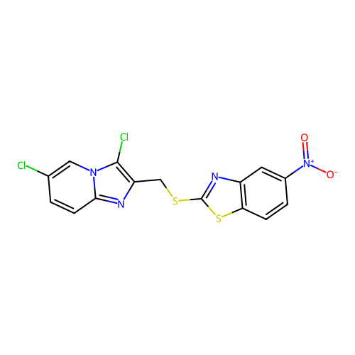 2-(((3,6-dichloroimidazo[1,2-a]pyridin-2-yl)methyl)thio)-5-nitrobenzo[d]thiazole structure