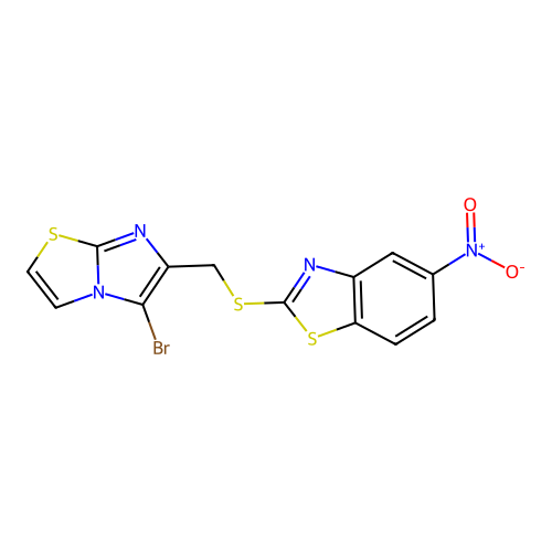 2-(((5-bromoimidazo[2,1-b]thiazol-6-yl)methyl)thio)-5-nitrobenzo[d]thiazole structure