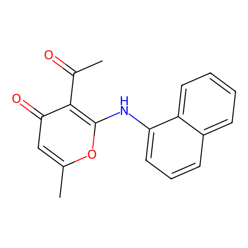 3-acetyl-6-methyl-2-(naphthalen-1-ylamino)-4H-pyran-4-one structure