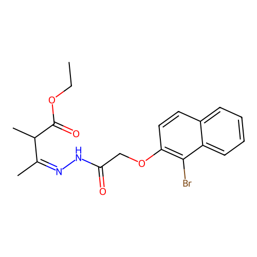 Ethyl 3-({[(1-bromo-2-naphthyl)oxy]acetyl}hydrazono)-2-methylbutanoate structure