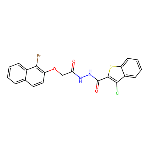 N'-{[(1-bromo-2-naphthyl)oxy]acetyl}-3-chloro-1-benzothiophene-2-carbohydrazide structure