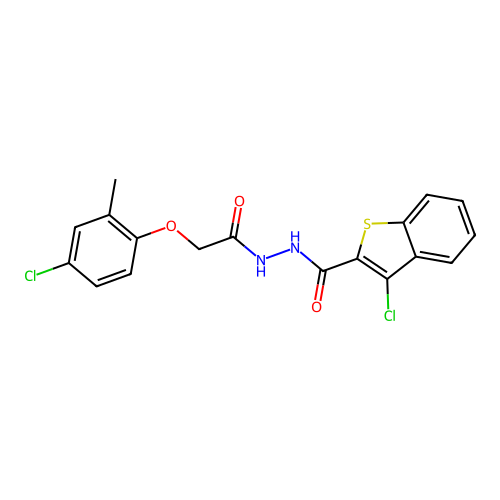 3-chloro-N'-[(4-chloro-2-methylphenoxy)acetyl]-1-benzothiophene-2-carbohydrazide structure