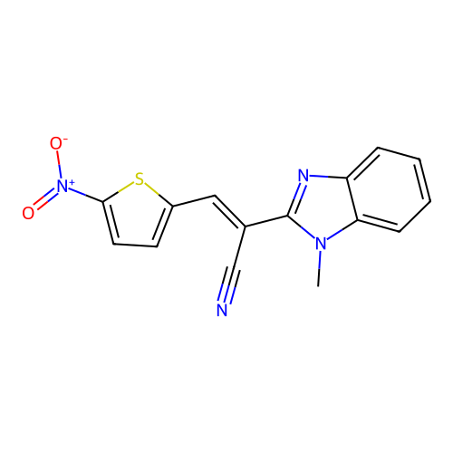 (E)-2-(1-methyl-1H-benzo[d]imidazol-2-yl)-3-(5-nitrothiophen-2-yl)acrylonitrile structure
