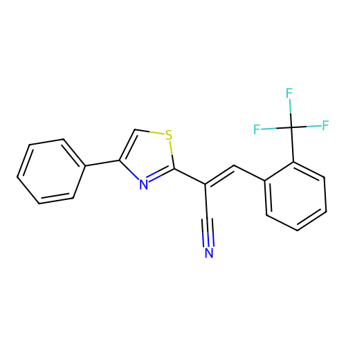 (E)-2-(4-phenylthiazol-2-yl)-3-(2-(trifluoromethyl)phenyl)acrylonitrile structure