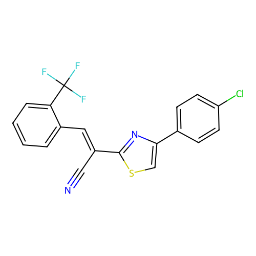 (E)-2-(4-(4-chlorophenyl)thiazol-2-yl)-3-(2-(trifluoromethyl)phenyl)acrylonitrile structure