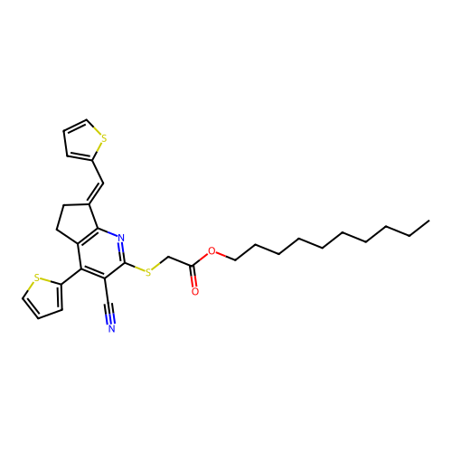 decyl 2-{[(7Z)-3-cyano-4-(thiophen-2-yl)-7-[(thiophen-2-yl)methylidene]-5H,6H,7H-cyclopenta[b]pyridin-2-yl]sulfanyl}acetate structure