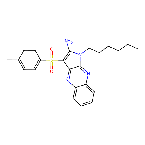 1-hexyl-3-[(4-methylphenyl)sulfonyl]-1H-pyrrolo[2,3-b]quinoxalin-2-amine structure