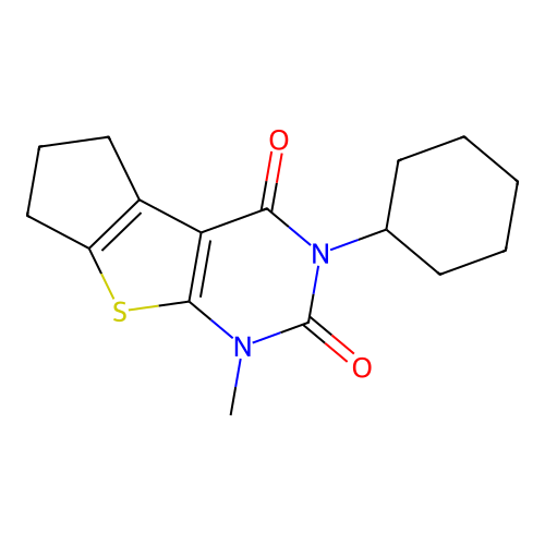 3-cyclohexyl-1-methyl-6,7-dihydro-1H-cyclopenta[4,5]thieno[2,3-d]pyrimidine-2,4(3H,5H)-dione structure