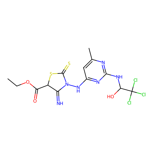 ethyl 4-imino-3-((6-methyl-2-((2,2,2-trichloro-1-hydroxyethyl)amino)pyrimidin-4-yl)amino)-2-thioxothiazolidine-5-carboxylate structure