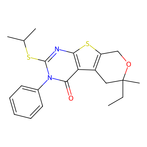 6-ethyl-2-(isopropylthio)-6-methyl-3-phenyl-5,6-dihydro-3H-pyrano[4',3':4,5]thieno[2,3-d]pyrimidin-4(8H)-one structure