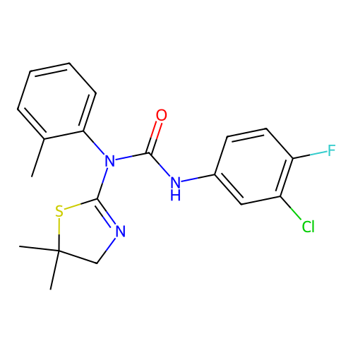 3-(3-chloro-4-fluorophenyl)-1-(5,5-dimethyl-4,5-dihydrothiazol-2-yl)-1-(o-tolyl)urea structure