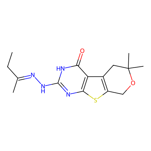 6,6-dimethyl-2-[2-(1-methylpropylidene)hydrazino]-3,5,6,8-tetrahydro-4H-pyrano[4',3':4,5]thieno[2,3-d]pyrimidin-4-one structure