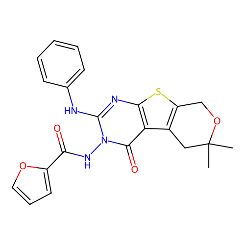 N-(6,6-dimethyl-4-oxo-2-(phenylamino)-4,5,6,8-tetrahydro-3H-pyrano[4',3':4,5]thieno[2,3-d]pyrimidin-3-yl)furan-2-carboxamide structure