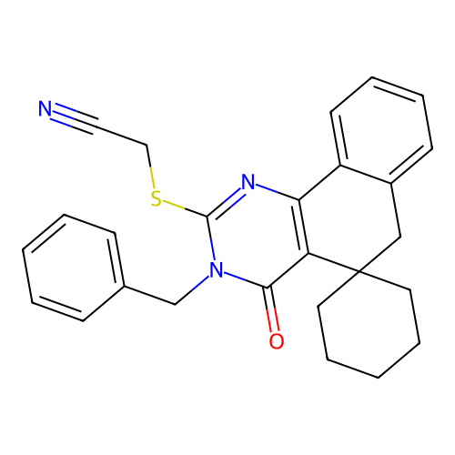 2-(3-benzyl-4-oxospiro[6H-benzo[h]quinazoline-5,1'-cyclohexane]-2-yl)sulfanylacetonitrile structure