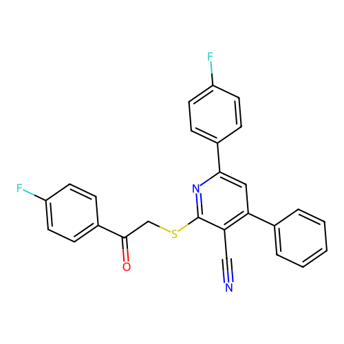 6-(4-fluorophenyl)-2-((2-(4-fluorophenyl)-2-oxoethyl)thio)-4-phenylnicotinonitrile structure