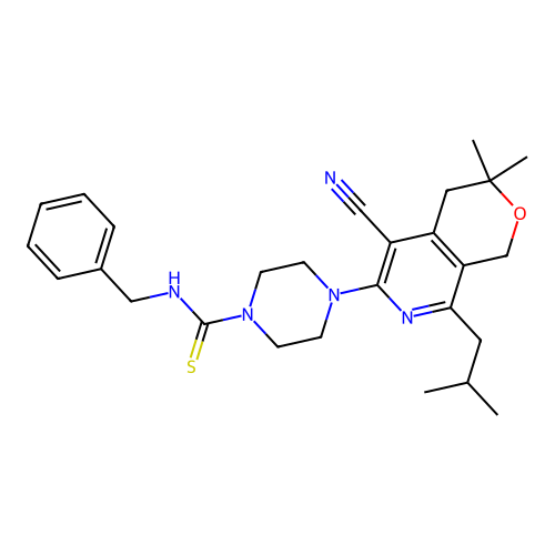 N-benzyl-4-(5-cyano-8-isobutyl-3,3-dimethyl-3,4-dihydro-1H-pyrano[3,4-c]pyridin-6-yl)piperazine-1-carbothioamide structure
