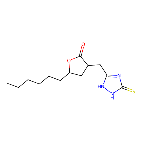 5-hexyl-3-((5-mercapto-4H-1,2,4-triazol-3-yl)methyl)dihydrofuran-2(3H)-one structure