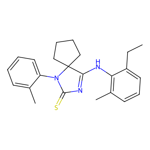 (Z)-4-((2-ethyl-6-methylphenyl)imino)-1-(o-tolyl)-1,3-diazaspiro[4.4]nonane-2-thione structure