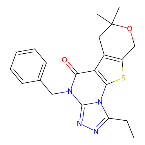 4-benzyl-1-ethyl-7,7-dimethyl-6,7-dihydro-4H-pyrano[4',3':4,5]thieno[3,2-e][1,2,4]triazolo[4,3-a]pyrimidin-5(9H)-one structure