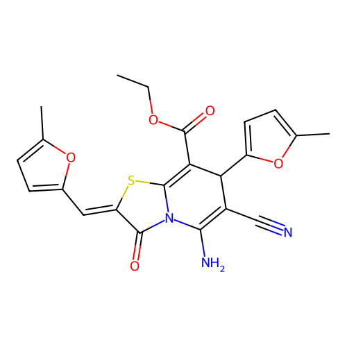 ethyl (2Z)-5-amino-6-cyano-7-(5-methylfuran-2-yl)-2-[(5-methylfuran-2-yl)methylidene]-3-oxo-2,3-dihydro-7H-[1,3]thiazolo[3,2-a]pyridine-8-carboxylate structure