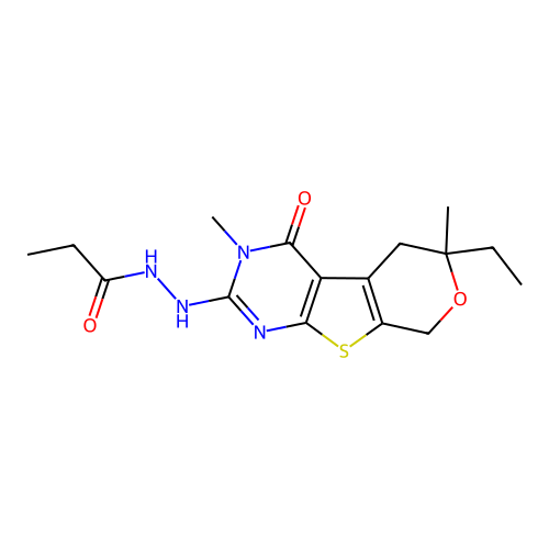 N'-(6-ethyl-3,6-dimethyl-4-oxo-3,5,6,8-tetrahydro-4H-pyrano[4',3':4,5]thieno[2,3-d]pyrimidin-2-yl)propanehydrazide structure