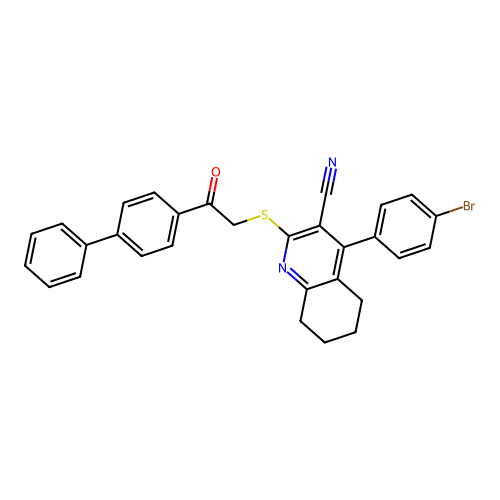 2-((2-([1,1'-biphenyl]-4-yl)-2-oxoethyl)thio)-4-(4-bromophenyl)-5,6,7,8-tetrahydroquinoline-3-carbonitrile structure