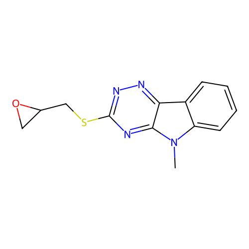5-methyl-3-[(oxiran-2-ylmethyl)sulfanyl]-5H-[1,2,4]triazino[5,6-b]indole structure