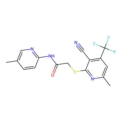 2-((3-cyano-6-methyl-4-(trifluoromethyl)pyridin-2-yl)thio)-N-(5-methylpyridin-2-yl)acetamide structure