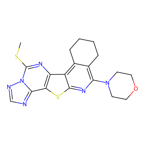 4-(5-(methylthio)-7,8,9,10-tetrahydro-[1,2,4]triazolo[1'',5'':1',6']pyrimido[4',5':4,5]thieno[2,3-c]isoquinolin-11-yl)morpholine structure