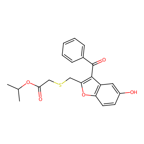 isopropyl 2-(((3-benzoyl-5-hydroxybenzofuran-2-yl)methyl)thio)acetate structure