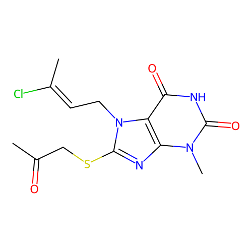 7-[(2E)-3-chlorobut-2-en-1-yl]-3-methyl-8-[(2-oxopropyl)sulfanyl]-3,7-dihydro-1H-purine-2,6-dione structure
