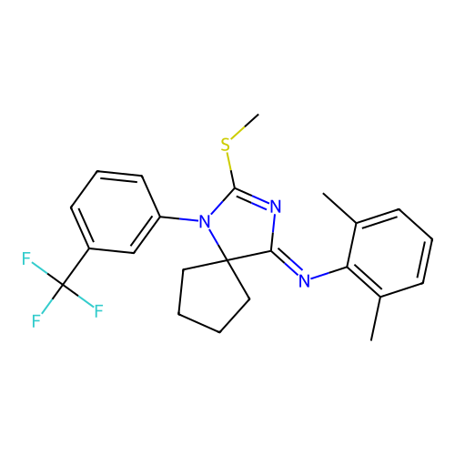 (Z)-2,6-dimethyl-N-(2-(methylthio)-1-(3-(trifluoromethyl)phenyl)-1,3-diazaspiro[4.4]non-2-en-4-ylidene)aniline structure