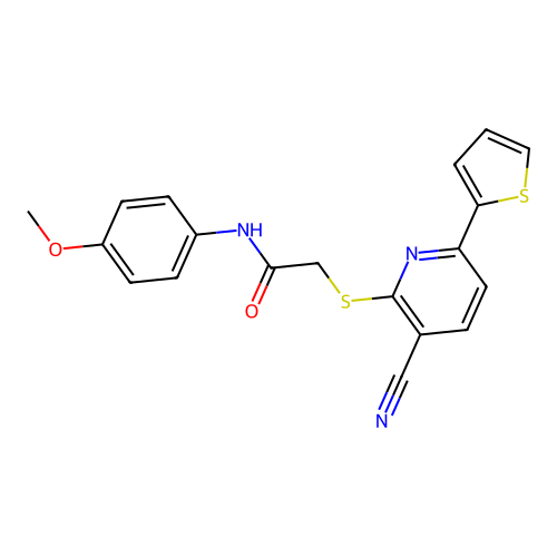 2-{[3-cyano-6-(thiophen-2-yl)pyridin-2-yl]sulfanyl}-N-(4-methoxyphenyl)acetamide structure