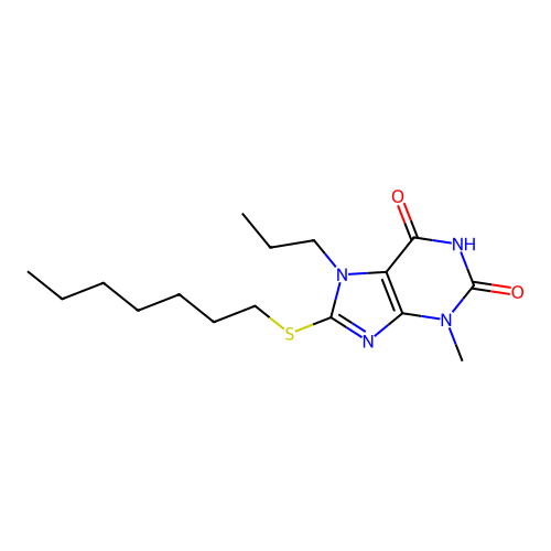 8-(heptylsulfanyl)-3-methyl-7-propyl-3,7-dihydro-1H-purine-2,6-dione structure
