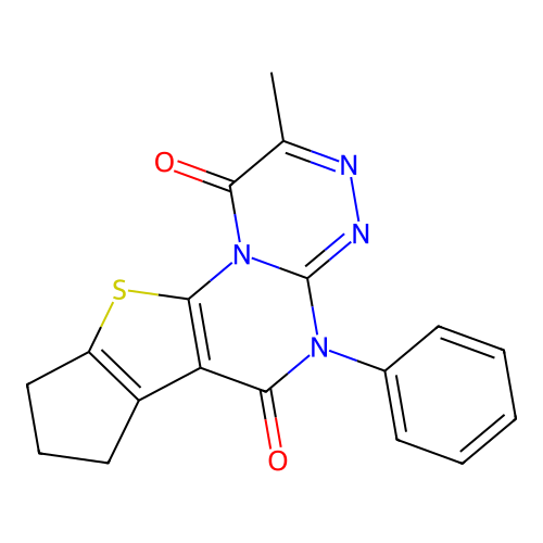 2-methyl-5-phenyl-8,9-dihydrocyclopenta[4',5']thieno[3',2':5,6]pyrimido[2,1-c][1,2,4]triazine-1,6(5H,7H)-dione structure