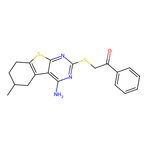 2-((4-amino-6-methyl-5,6,7,8-tetrahydrobenzo[4,5]thieno[2,3-d]pyrimidin-2-yl)thio)-1-phenylethanone structure