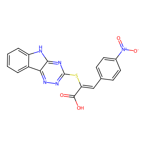 (Z)-2-((5H-[1,2,4]triazino[5,6-b]indol-3-yl)thio)-3-(4-nitrophenyl)acrylic acid structure