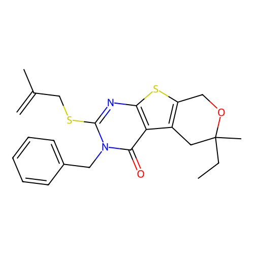 3-benzyl-6-ethyl-6-methyl-2-((2-methylallyl)thio)-5,6-dihydro-3H-pyrano[4',3':4,5]thieno[2,3-d]pyrimidin-4(8H)-one structure
