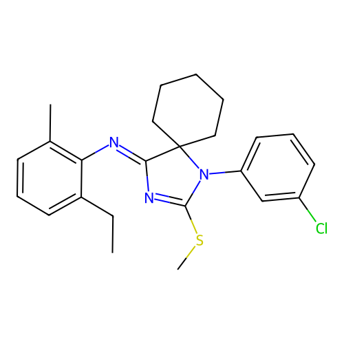 (Z)-N-(1-(3-chlorophenyl)-2-(methylthio)-1,3-diazaspiro[4.5]dec-2-en-4-ylidene)-2-ethyl-6-methylaniline structure