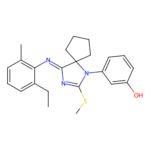 (Z)-3-(4-((2-ethyl-6-methylphenyl)imino)-2-(methylthio)-1,3-diazaspiro[4.4]non-2-en-1-yl)phenol structure