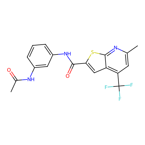 N-(3-acetamidophenyl)-6-methyl-4-(trifluoromethyl)thieno[2,3-b]pyridine-2-carboxamide structure