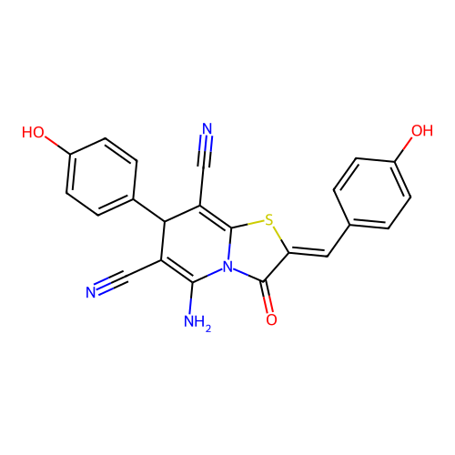 5-amino-7-(4-hydroxyphenyl)-2-[(4-hydroxyphenyl)methylene]-3-oxo-4,7-dihydro-1 ,3-thiazolidino[3,2-a]pyridine-6,8-dicarbonitrile structure
