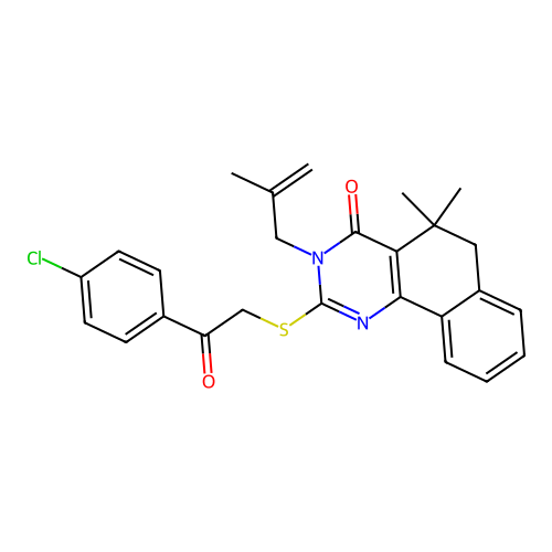 2-((2-(4-chlorophenyl)-2-oxoethyl)thio)-5,5-dimethyl-3-(2-methylallyl)-5,6-dihydrobenzo[h]quinazolin-4(3H)-one structure