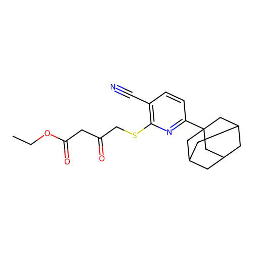 Ethyl 4-((6-((3r,5r,7r)-adamantan-1-yl)-3-cyanopyridin-2-yl)thio)-3-oxobutanoate structure
