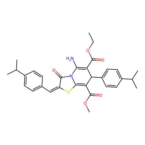 (E)-6-ethyl 8-methyl 5-amino-2-(4-isopropylbenzylidene)-7-(4-isopropylphenyl)-3-oxo-3,7-dihydro-2H-thiazolo[3,2-a]pyridine-6,8-dicarboxylate structure