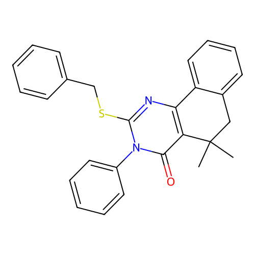 2-(benzylsulfanyl)-5,5-dimethyl-3-phenyl-5,6-dihydrobenzo[h]quinazolin-4(3H)-one structure