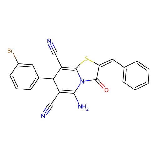 (2E)-5-amino-2-benzylidene-7-(3-bromophenyl)-3-oxo-2,3-dihydro-7H-[1,3]thiazolo[3,2-a]pyridine-6,8-dicarbonitrile structure
