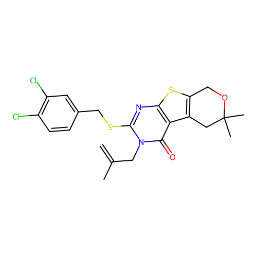 2-((3,4-dichlorobenzyl)thio)-6,6-dimethyl-3-(2-methylallyl)-5,6-dihydro-3H-pyrano[4',3':4,5]thieno[2,3-d]pyrimidin-4(8H)-one structure